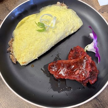 Guieb Cafe - Adobo Fried Rice Omelette with Longanisa ($18) - New American Near Me - Aiea, Hawaii