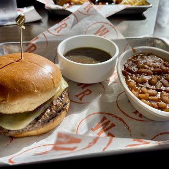 Whiskey Road Tavern & Grill - French Onion Burger with Whiskey Baked Beans - Bars Near Me - Cedar Falls, Iowa