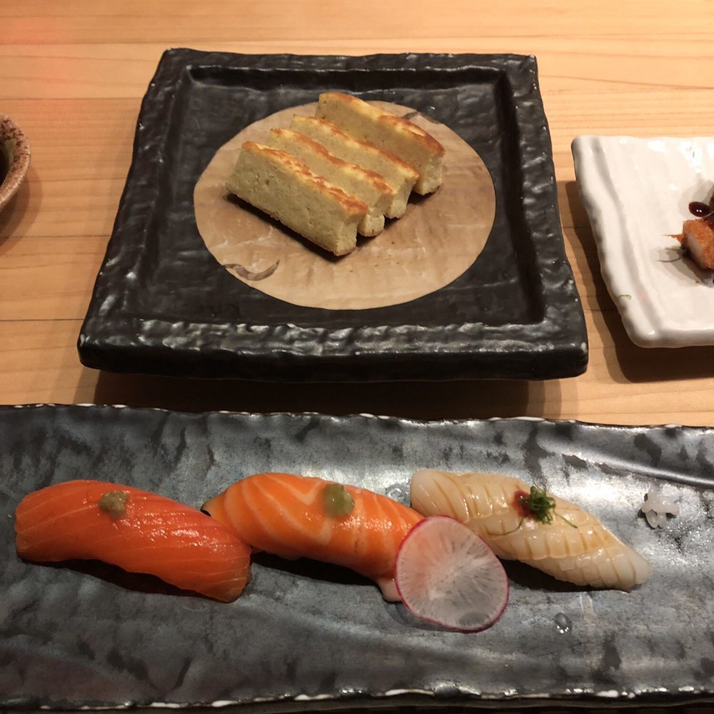 MF Sushi - Tamago, Ocean Trout, Salmon, And Squid. OT, Salmon, and Squid dressed by the chef. - Sushi Bars Near Me - Houston, Texas MF Sushi - Tamago, Ocean Trout, Salmon, And Squid. OT, Salmon, and Squid dressed by the chef. - Sushi Bars Near Me - Houston, Texas