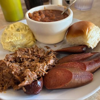 Main Street Barbecue - Mustard Potato Salad. BBQ Beans, Chopped Brisket and a Hot Link - Barbeque Near Me - Durant, Oklahoma Main Street Barbecue - Mustard Potato Salad. BBQ Beans, Chopped Brisket and a Hot Link - Barbeque Near Me - Durant, Oklahoma