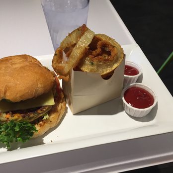 Burger Lounge - Veggie quinoa burger with onion rings - Burgers Near Me - Coronado, California