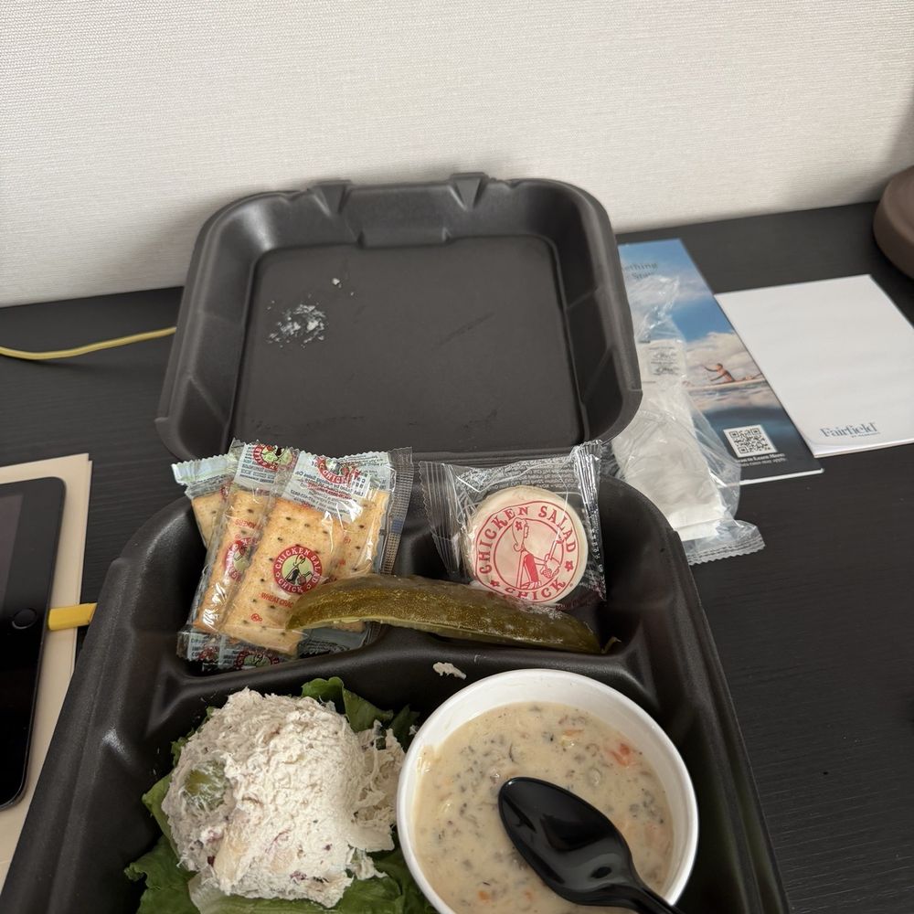 Chicken Salad Chick - Small room temperature chicken salad and a cup of soup that had literally 5 spoons of soup for $12. - Southern Near Me - Whitestown, Indiana Chicken Salad Chick - Small room temperature chicken salad and a cup of soup that had literally 5 spoons of soup for $12. - Southern Near Me - Whitestown, Indiana