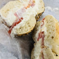 Star Bagel Cafe - Everything bagel with cream cheese and tomato slices!