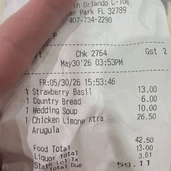 Bar Italia - Chicken limone is $24 on the menu. I did not order an extra item but asked for a sub. No mention of an up charge was made. - Italian Near Me - Winter Park, Florida