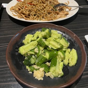 Xin Jiang BBQ - Smashed cucumber with garlic and stir fries noodle with pork & sliced peppers - Barbeque Near Me - Houston, Texas