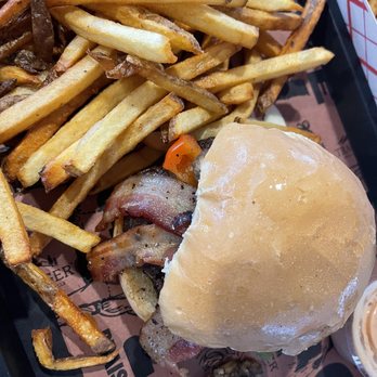Pit Bros. Barbecue - a burger and fries - Barbeque Near Me - Menominee, Michigan