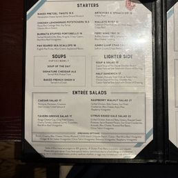 Menu page 1 - A menu from Emmett's Brewing Co lists starters, soups, salads, and lighter side dishes with prices and descriptions.