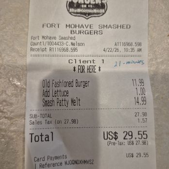 Fort Mohave Smashed Burgers - Receipt - Burgers Near Me - Fort Mohave, Arizona Fort Mohave Smashed Burgers - Receipt - Burgers Near Me - Fort Mohave, Arizona