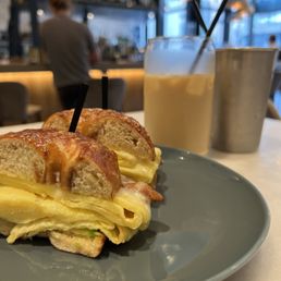 BEC Sandwich and iced vanilla latte. BEC Sandwich and iced vanilla latte.