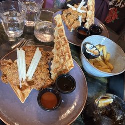 Cut Throat - Chicken and waffles (front) and vegan chicken and waffles (back)