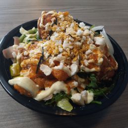 My large bowl with the works ($17). 2 proteins, half salad half rice, all the toppings. My large bowl with the works ($17). 2 proteins, half salad half rice, all the toppings.