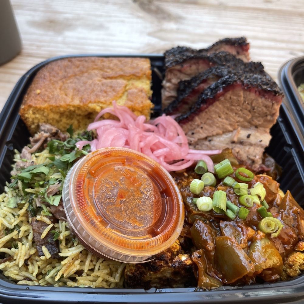 Southern Junction - Fantastic brisket, biriyani rice, smoked roasted cauliflower, cardamom cornbread, pickled red onions & bbq sauce - Indian Near Me - Buffalo, New York Southern Junction - Fantastic brisket, biriyani rice, smoked roasted cauliflower, cardamom cornbread, pickled red onions & bbq sauce - Indian Near Me - Buffalo, New York