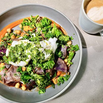 The Well - Sweet and Purple potato hash and latte with homemade nut milk - Gluten-Free Near Me - Austin, Texas The Well - Sweet and Purple potato hash and latte with homemade nut milk - Gluten-Free Near Me - Austin, Texas