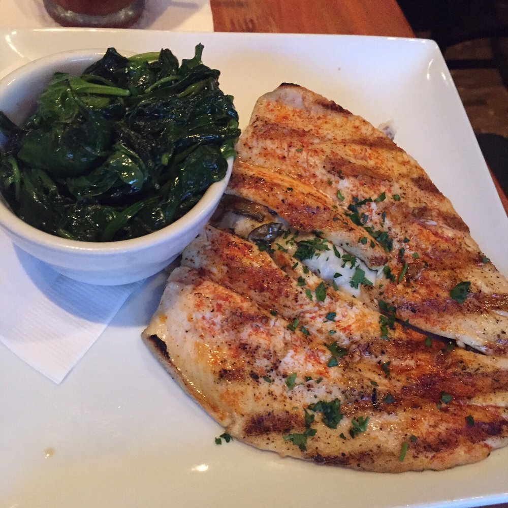 FishBar - Idaho trout, with side dishes of sautéed spinach and mashed potatoes(hidden underneath the fish). Big portion! - Seafood Near Me - Manhattan Beach, California FishBar - Idaho trout, with side dishes of sautéed spinach and mashed potatoes(hidden underneath the fish). Big portion! - Seafood Near Me - Manhattan Beach, California