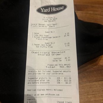 Yard House - Receipt - New American Near Me - Irvine, California Yard House - Receipt - New American Near Me - Irvine, California