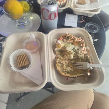 California Kumpir - Half demolished chicken baked potato with the dessert sample - New American Near Me - Escondido, California