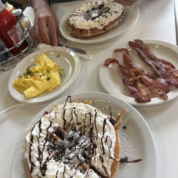 Aloha Stacks - Oreo Cookie N Cream Waffle side of Bacon and 2 Eggs - Pancakes Near Me - Cerritos, California Aloha Stacks - Oreo Cookie N Cream Waffle side of Bacon and 2 Eggs - Pancakes Near Me - Cerritos, California