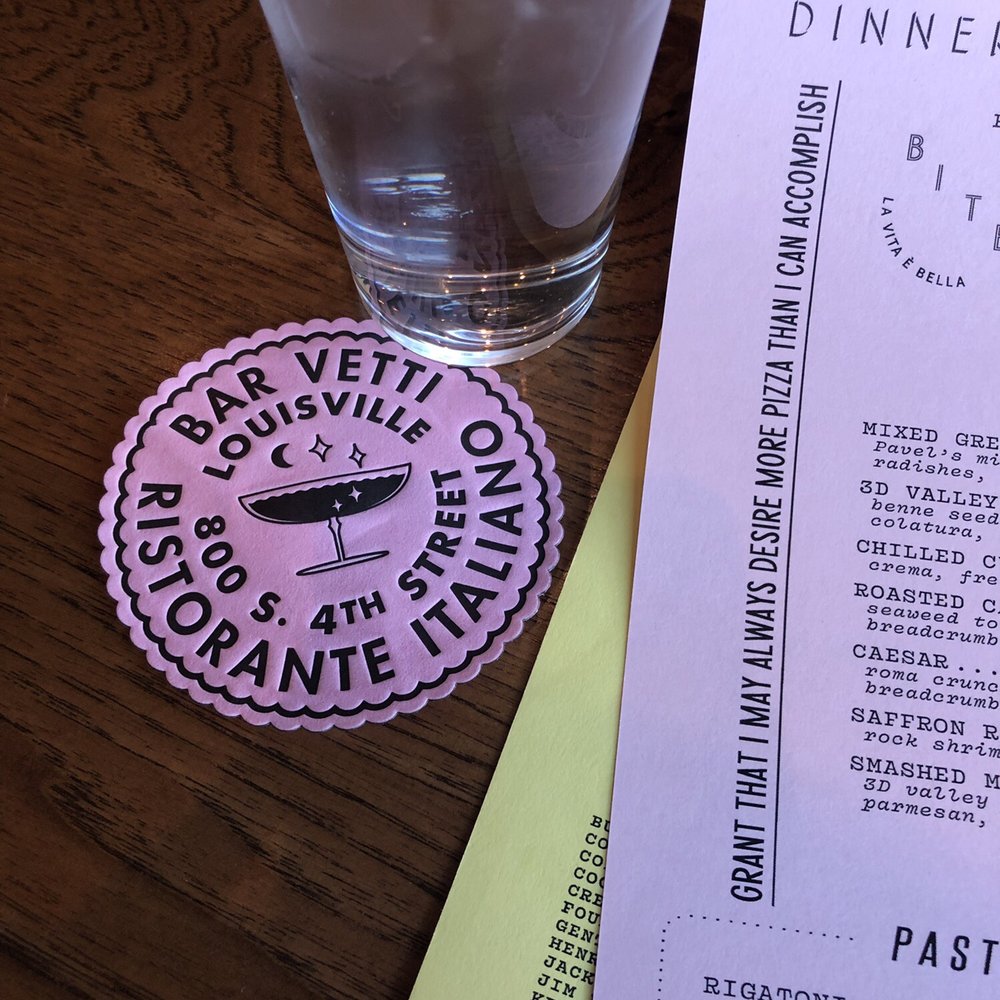 bar Vetti - Lots of special touches throughout the restaurant like these coasters. Everything was well-executed. - Italian Near Me - Louisville, Kentucky bar Vetti - Lots of special touches throughout the restaurant like these coasters. Everything was well-executed. - Italian Near Me - Louisville, Kentucky
