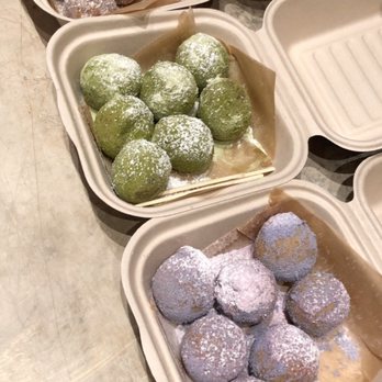 AlimamaTea - Mochi donut holes  Top: milk tea Middle: matcha Bottom: taro - Desserts Near Me - New York, New York
