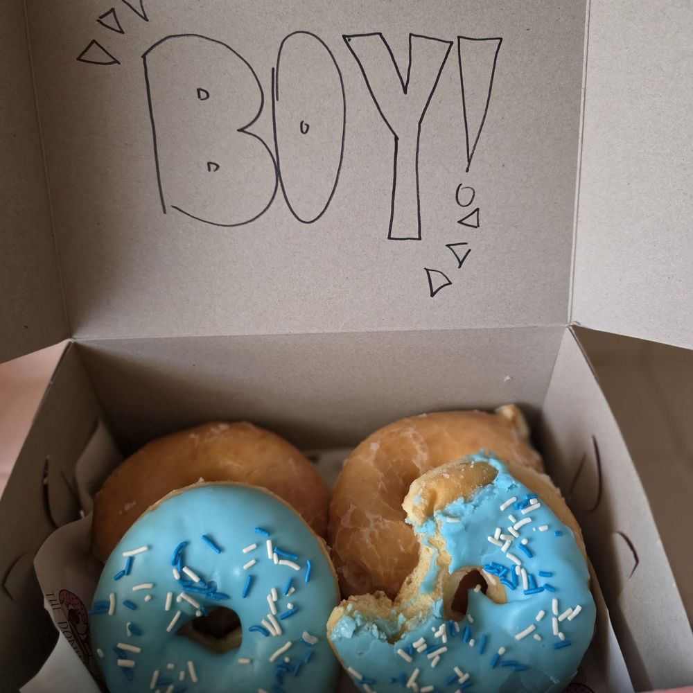 Glazed donuts. Mini gender reveal box. Glazed donuts. Mini gender reveal box.