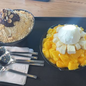 Sulbing - red-bean injeolmi sulbing (left), mango cheese sulbing (right) - Desserts Near Me - Santa Clara, California Sulbing - red-bean injeolmi sulbing (left), mango cheese sulbing (right) - Desserts Near Me - Santa Clara, California