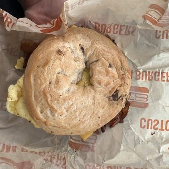 Poppy’s Bagels - Bacon, egg and cheese on a cinnamon raisin bagel - Bagels Near Me - Saint Paul, Minnesota Poppy’s Bagels - Bacon, egg and cheese on a cinnamon raisin bagel - Bagels Near Me - Saint Paul, Minnesota