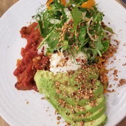 Kumara and carrot fritters with whipped goat cheese, avocado, tomato relish, poached egg and dukkah and fennel salad Kumara and carrot fritters with whipped goat cheese, avocado, tomato relish, poached egg and dukkah and fennel salad
