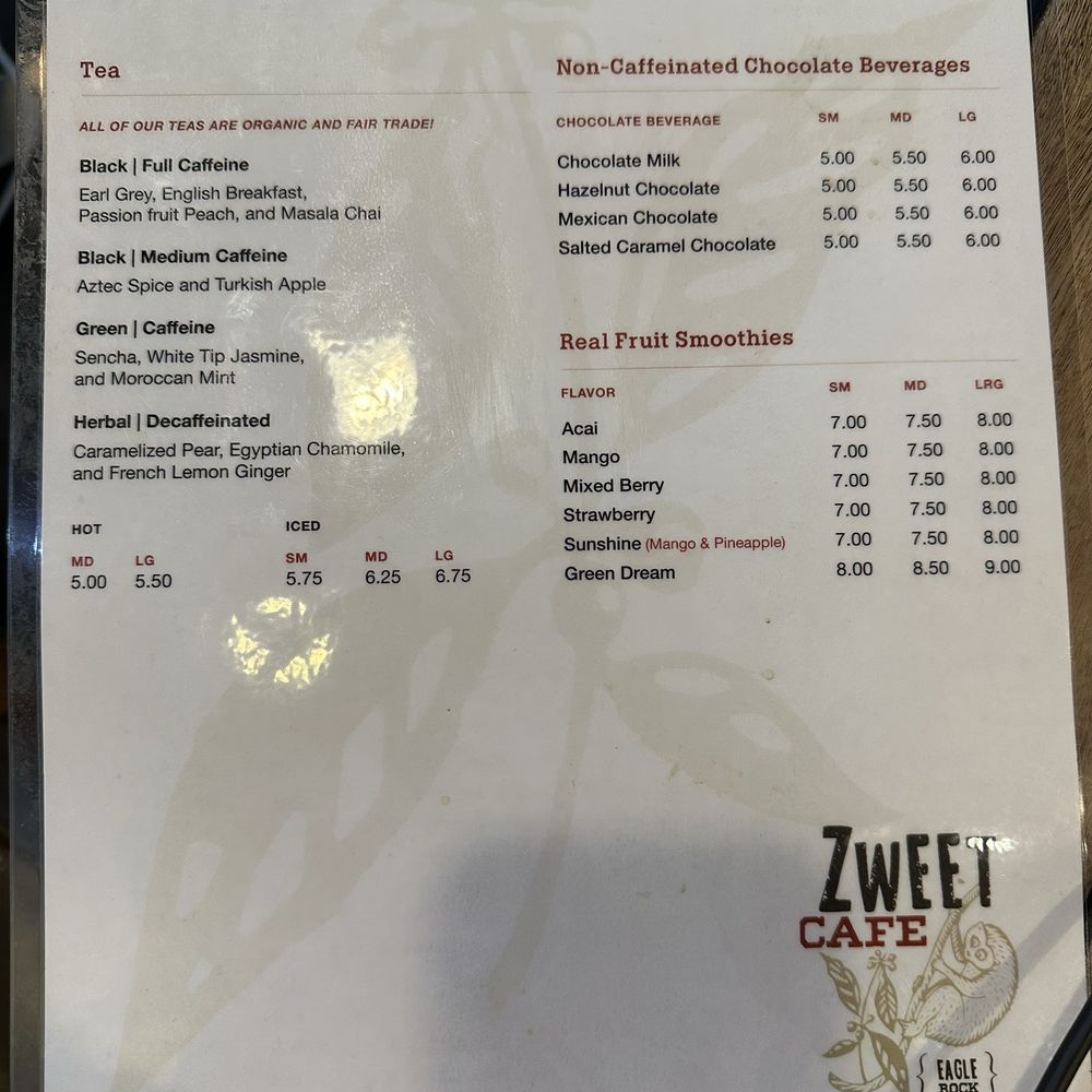 Teas, chocolate drinks, and smoothies menu Teas, chocolate drinks, and smoothies menu