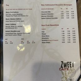 Teas, chocolate drinks, and smoothies menu Teas, chocolate drinks, and smoothies menu