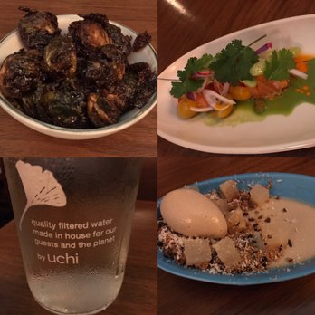 Uchi Austin - Brussels sprouts, sparkling water, Kuri okashi (dessert bottom right) and uchiviche (top right) - Sushi Bars Near Me - Austin, Texas Uchi Austin - Brussels sprouts, sparkling water, Kuri okashi (dessert bottom right) and uchiviche (top right) - Sushi Bars Near Me - Austin, Texas