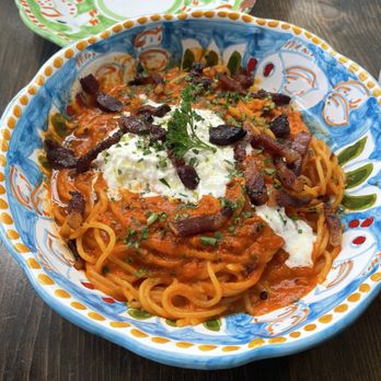 Cesarina - Spaghetti w/arrabiatissima sauce and guanciale - Italian Near Me - San Diego, California Cesarina - Spaghetti w/arrabiatissima sauce and guanciale - Italian Near Me - San Diego, California