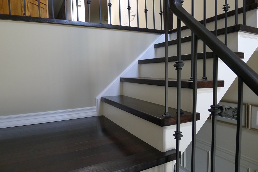 Dark Hardwood Stairs Stain White Risers Burlington Iron Spindles Dark Hardwood Stairs Stain White Risers