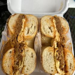 Lil’ Market Deli & Bagelry - El chorizo on an everything bagel cut in half