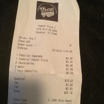 Pastel Pizza - Houston - Receipt with the $5.98 charge for two salsa. - Empanadas Near Me - Houston, Texas Pastel Pizza - Houston - Receipt with the $5.98 charge for two salsa. - Empanadas Near Me - Houston, Texas