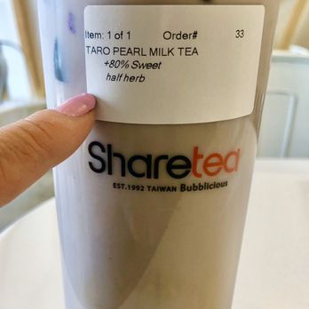 Sharetea - Taro Pearl Non Dairy Milk Tea with boba, and dark jelly, 80% sweet, little ice Yummm - Bubble Tea Near Me - Los Angeles, California Sharetea - Taro Pearl Non Dairy Milk Tea with boba, and dark jelly, 80% sweet, little ice Yummm - Bubble Tea Near Me - Los Angeles, California