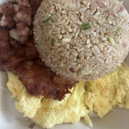 Corn beef hash with eggs and fried rice