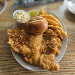 River's Edge Inn - Fried pork tenderloin, fries and vinegar slaw.