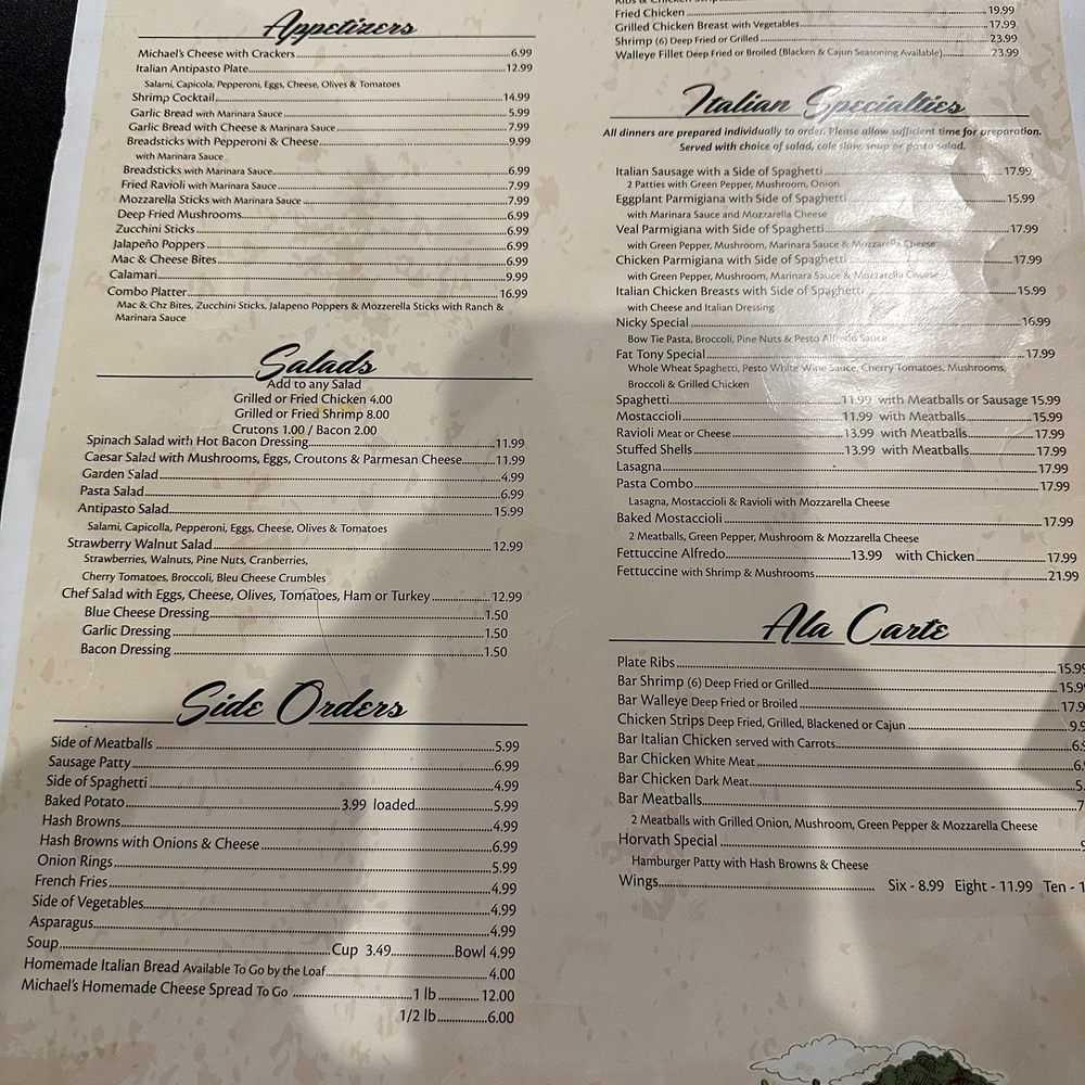 Michael’s Italian Restaurant - Menu July 20, 2024 - Italian Near Me - Elkhart, Indiana