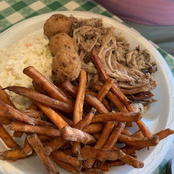Bubba's BBQ & Bash - BBQ Pork plate with Sweet Potato Fries and Cole slaw. - Barbeque Near Me - Spartanburg, South Carolina Bubba's BBQ & Bash - BBQ Pork plate with Sweet Potato Fries and Cole slaw. - Barbeque Near Me - Spartanburg, South Carolina