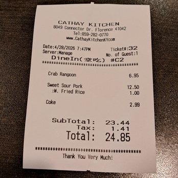 Cathay Kitchen Chinese Restaurant - My check. - Chinese Near Me - Florence, Kentucky