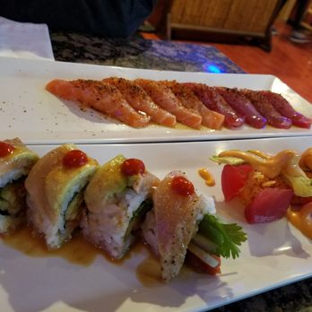Sushiholics - Left is cilantro roll, right is cherry blossom and orange blossom, top is VIP tuna and salmon - Sushi Bars Near Me - West Covina, California