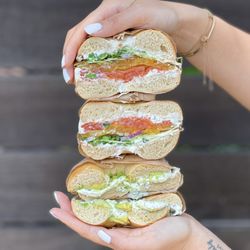 Boichik Bagels - Classic sandwich (top), plain with cream cheese & avocado (bottom)