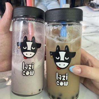Lazi Cow - Taro milk tea with boba (left) and brown sugar milk tea with boba - Desserts Near Me - Davis, California Lazi Cow - Taro milk tea with boba (left) and brown sugar milk tea with boba - Desserts Near Me - Davis, California