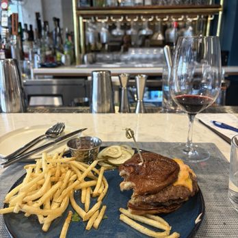 Slip 53 - The Slip Burger with truffle fries! Also I had a glass of the Cab blend,Tre Leoni, which was awesome. - Seafood Near Me - Columbia, South Carolina