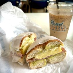 Kismet Bagels Luncheonette - Penn Valley - The Egg (with pork roll) and iced latte