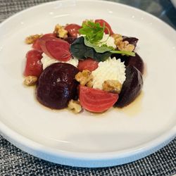 Roasted and Toasted. Heirloom beats, brûléed chèvre, and candied walnut brittle.