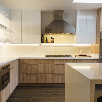 Premium Cabinets - Phoenix - White Glossy Slab Front Uppers and Yellow Oak Bases & Floating Shelves!! - Cabinetry Near Me - Tempe, Arizona Premium Cabinets - Phoenix - White Glossy Slab Front Uppers and Yellow Oak Bases & Floating Shelves!! - Cabinetry Near Me - Tempe, Arizona