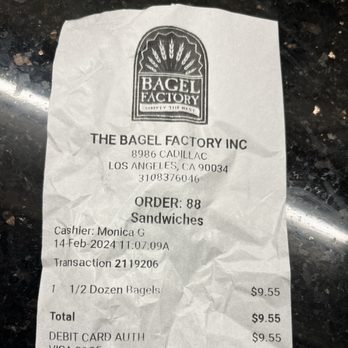 The Bagel Factory - The bill = $1.59 per bagel - Bagels Near Me - Los Angeles, California