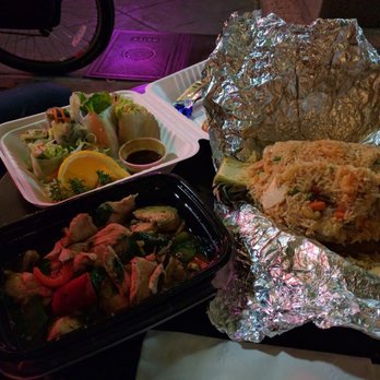 Amarin Thai Cuisine - Pineapple Fried Rice with plastic, super stale fresh rolls w/ roast duck, and not too much complaint over the spicy basil curry w/ chicken - Thai Near Me - Mountain View, California
