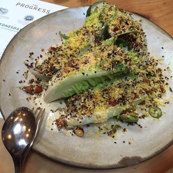 The Progress - Avocado wedge salad with lettuce hearts, toasted chopped almonds and seeds with kasu-pumpkin jalapeño Ceasar dressing - New American Near Me - San Francisco, California